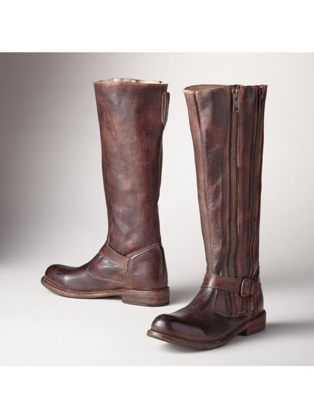 Bed Stu Distressed Brown Leather Knee Boots with Side Zip
